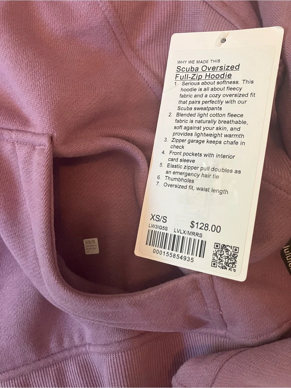 NWT Lululemon Scuba Oversized Full-zip Hoodie, XS/S, Lavender Lux/Mirror Silver